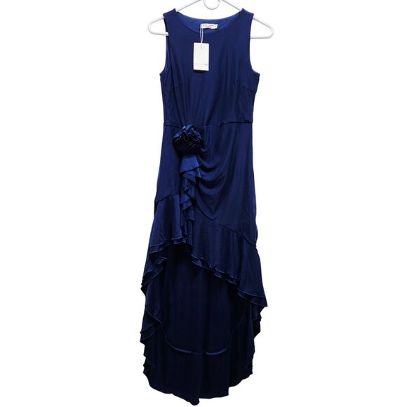 Berylove Womens Navy Blue Sleeveless Layered Ruffle Midi Dress  Rosette Detail S - Picture 1 of 9